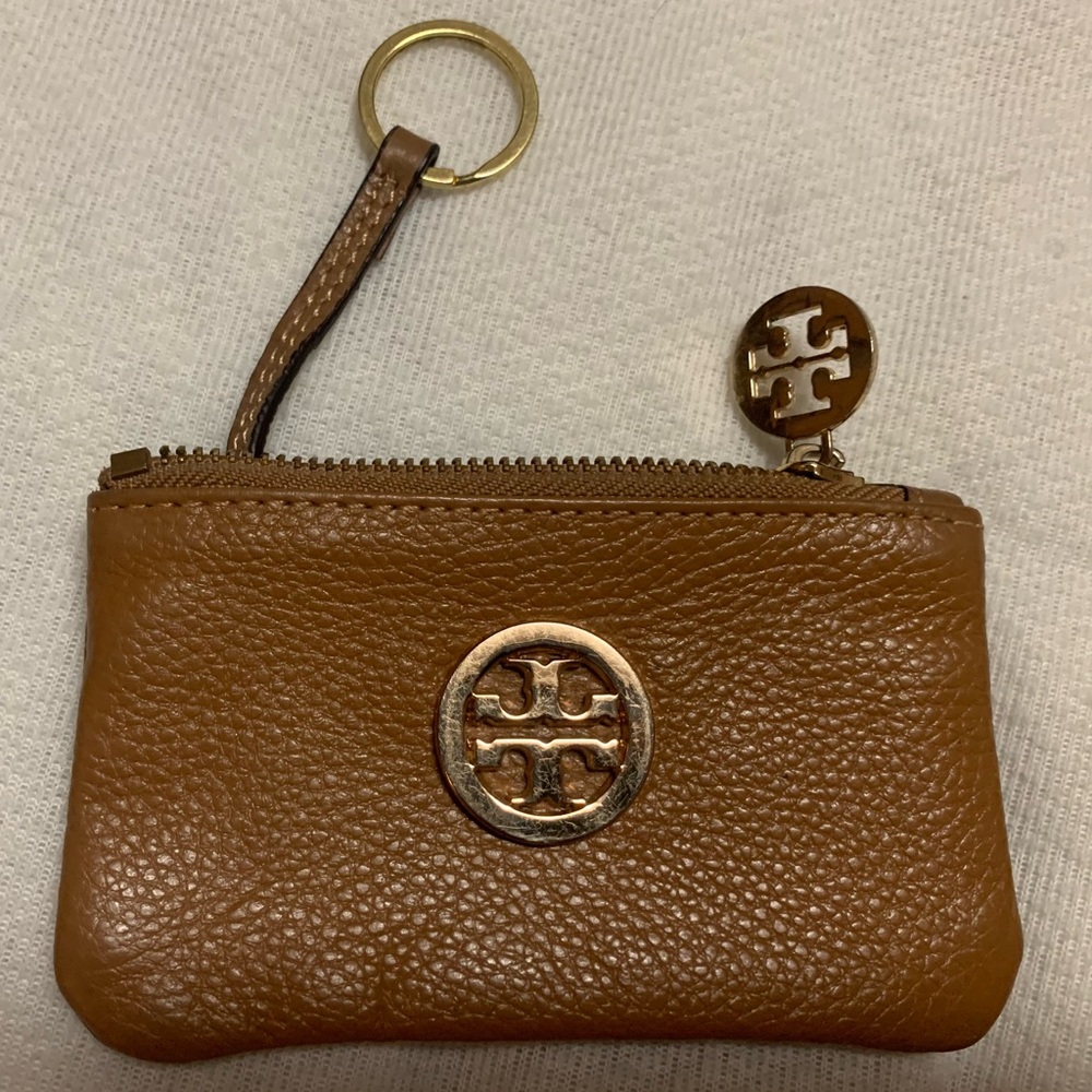 Tory Burch Tan Caramel Pebbled Leather Zip Coin Pouch Key Strap Gold Tone T